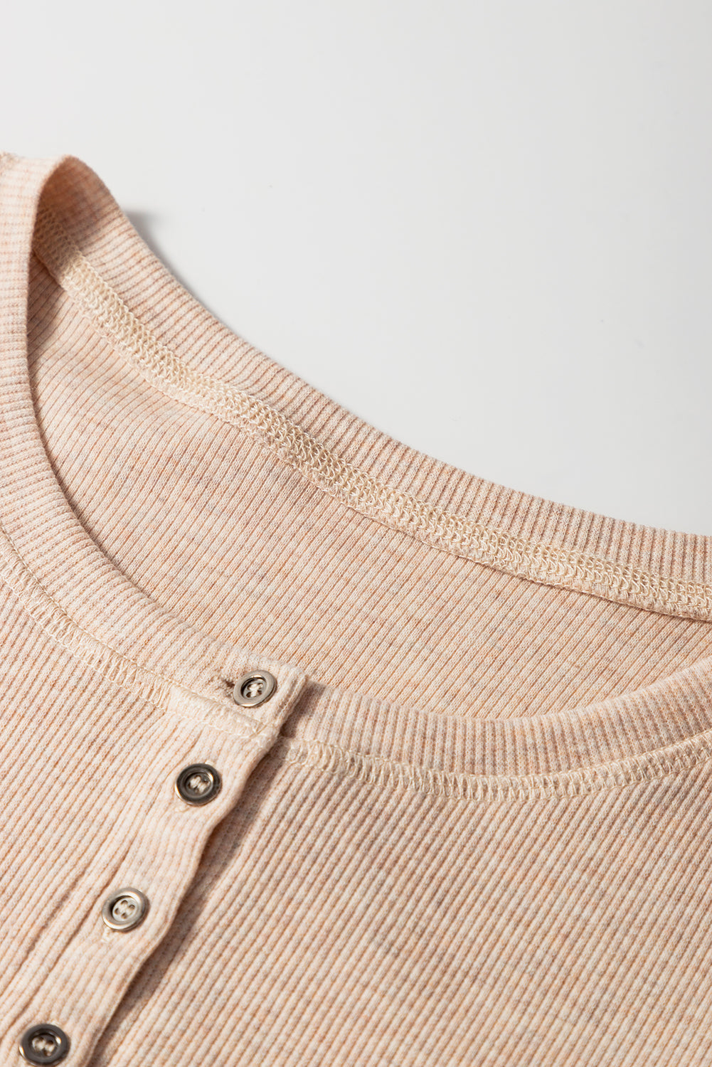 Oatmeal Short Sleeve Half Button Ribbed Knit Top eAura