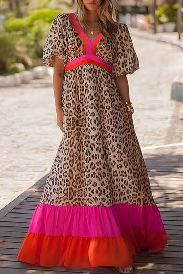 Bright Pink Leopard Colourblock Patchwork Bubble Sleeve Maxi Dress eAura