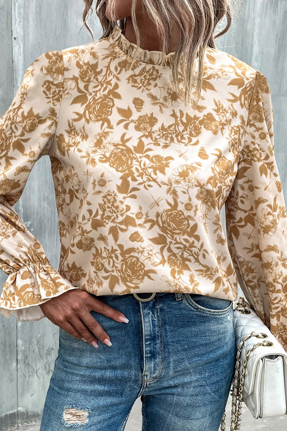 Light French Beige Floral Print Frilled Neckline Flounce Sleeve Blouse eAura