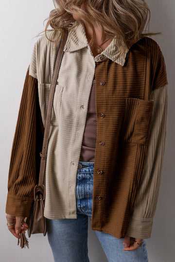 Brown Colour Block Chest Pockets Buttoned Corduroy Shacket Beagle Boutique Fashion Outlet