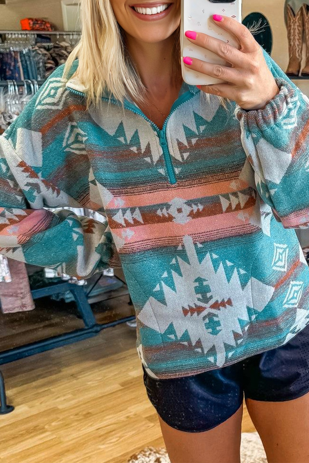 Quarter Zip Elastic Cuffs Aztec Sweatshirt eAura