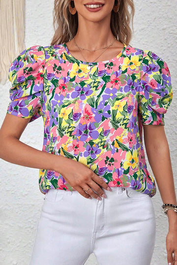 Purple Floral Print Puff Short Sleeve Crew Neck Blouse eAura