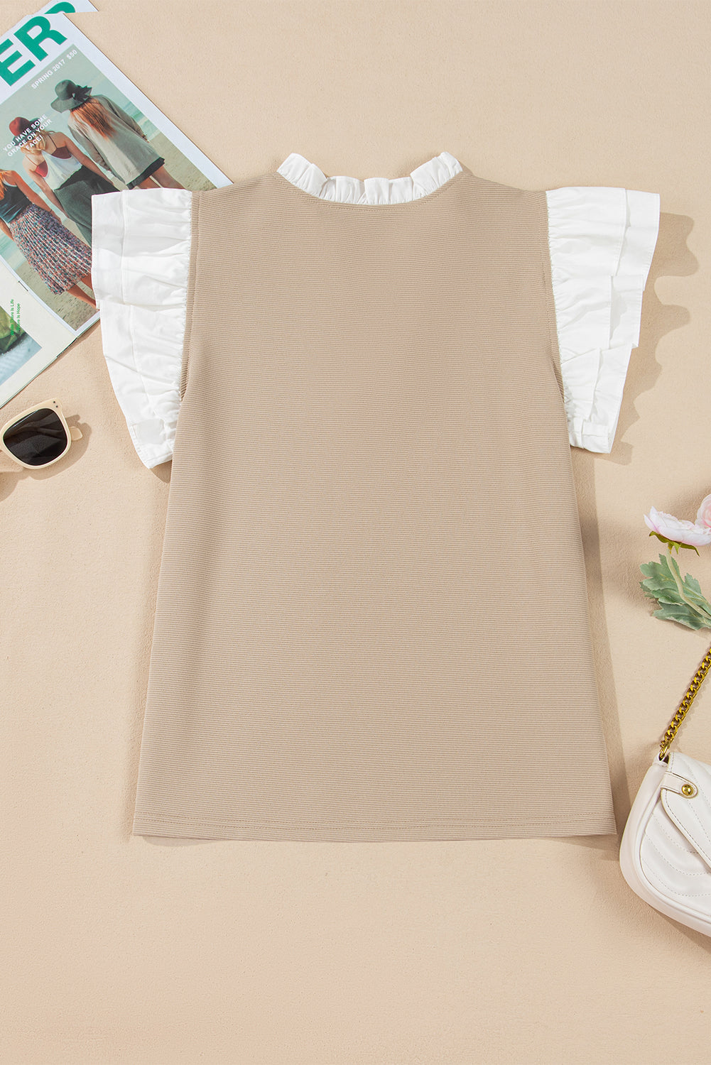 Pale Khaki Contrast V Neck Ruffled Textured Knit Top eAura