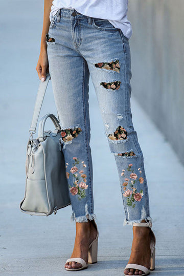 Sky Blue Printed Patch Ripped Skinny Jeans Beagle Boutique Fashion Outlet