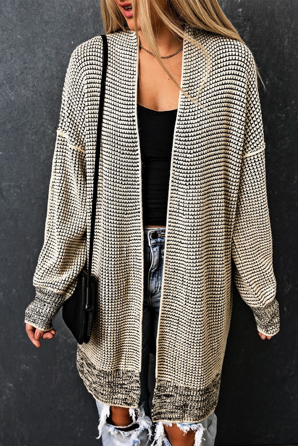 Apricot Plaid Knitted Long Open Front Cardigan eAura