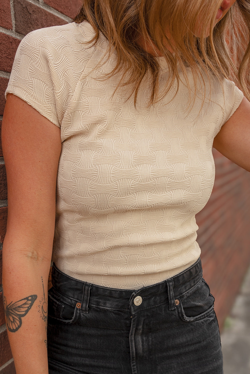 Beige Textured Crew Neck Cap Sleeve Slim Stretchy T-Shirt eAura