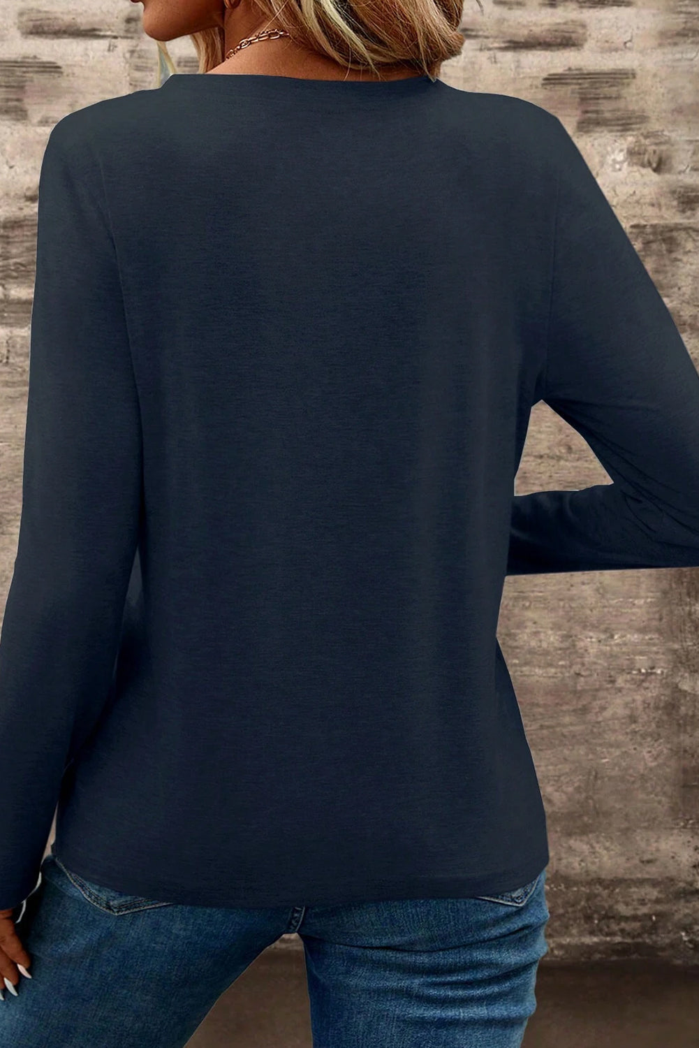 Dirty blue Notch V Neck Pocket Patched Long Sleeve T Shirt eAura