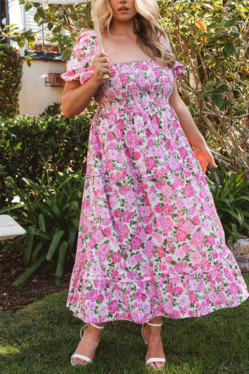 Pink Dainty Floral Smocked Puff Sleeve Flowy Long Dress eAura