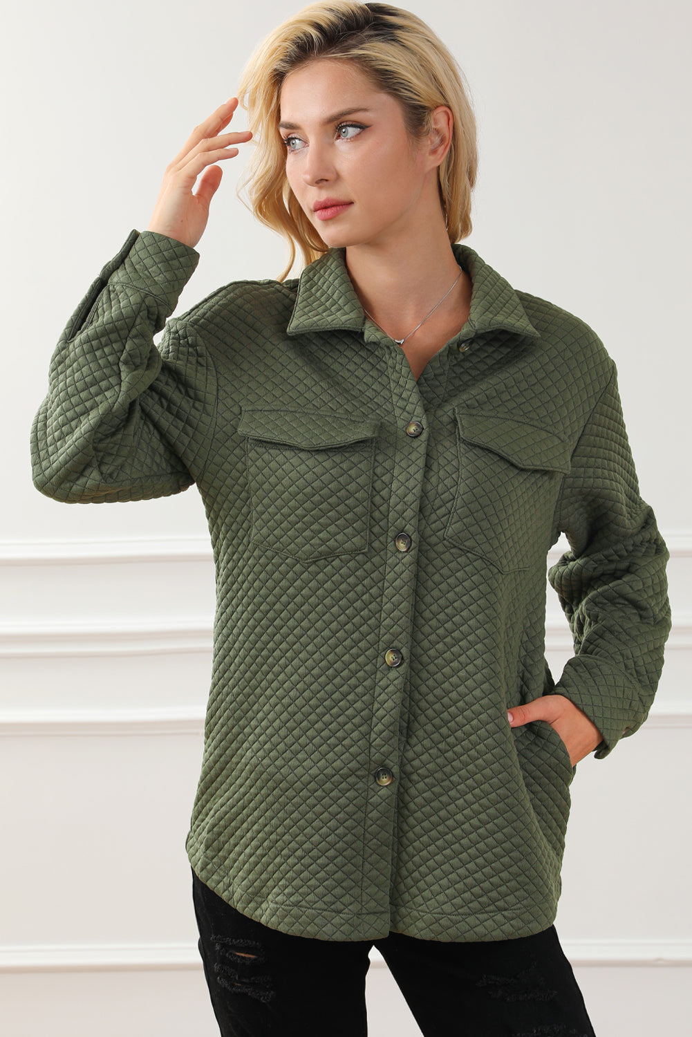 Green Retro Quilted Flap Pocket Button Shacket eAura
