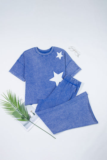 Ashleigh Blue Acid Wash Star Patched Rolled Trim Trousers Co-ord eAura
