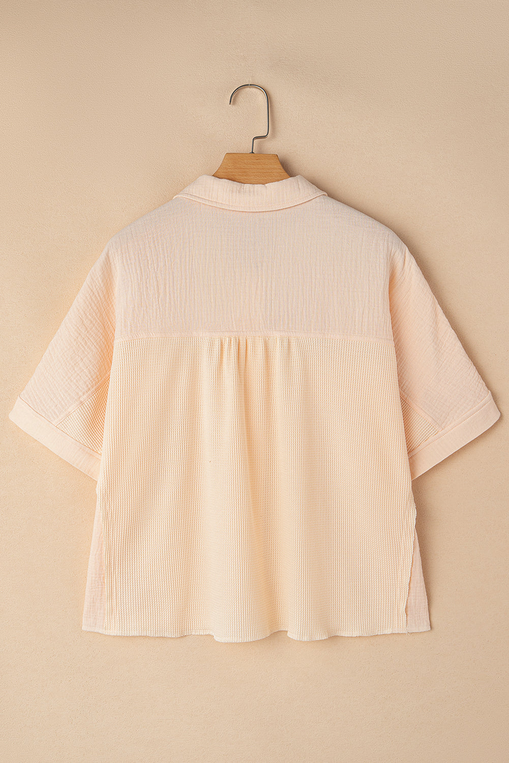 Beige Waffle Short Batwing Sleeve Flap Detail Wide Shirt eAura