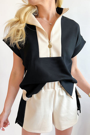 Black Contrast Zipped Collared T Shirt and Short Co-ord Set eAura