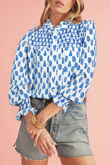 Sky Blue Boho Floral Printed Lantern Sleeve Frilled Neck Shirred Shirt Beagle Boutique Fashion Outlet