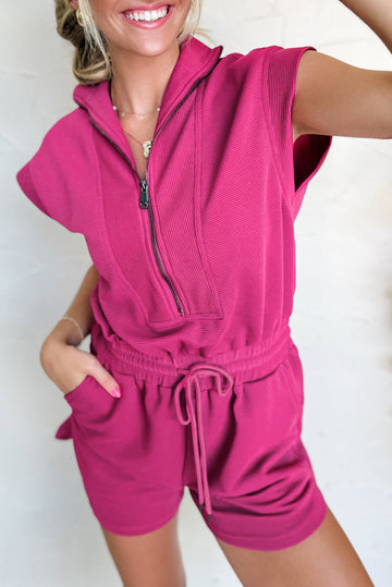 Rose Red Textured Short Sleeve Half Zip Drawstring Waist Romper eAura