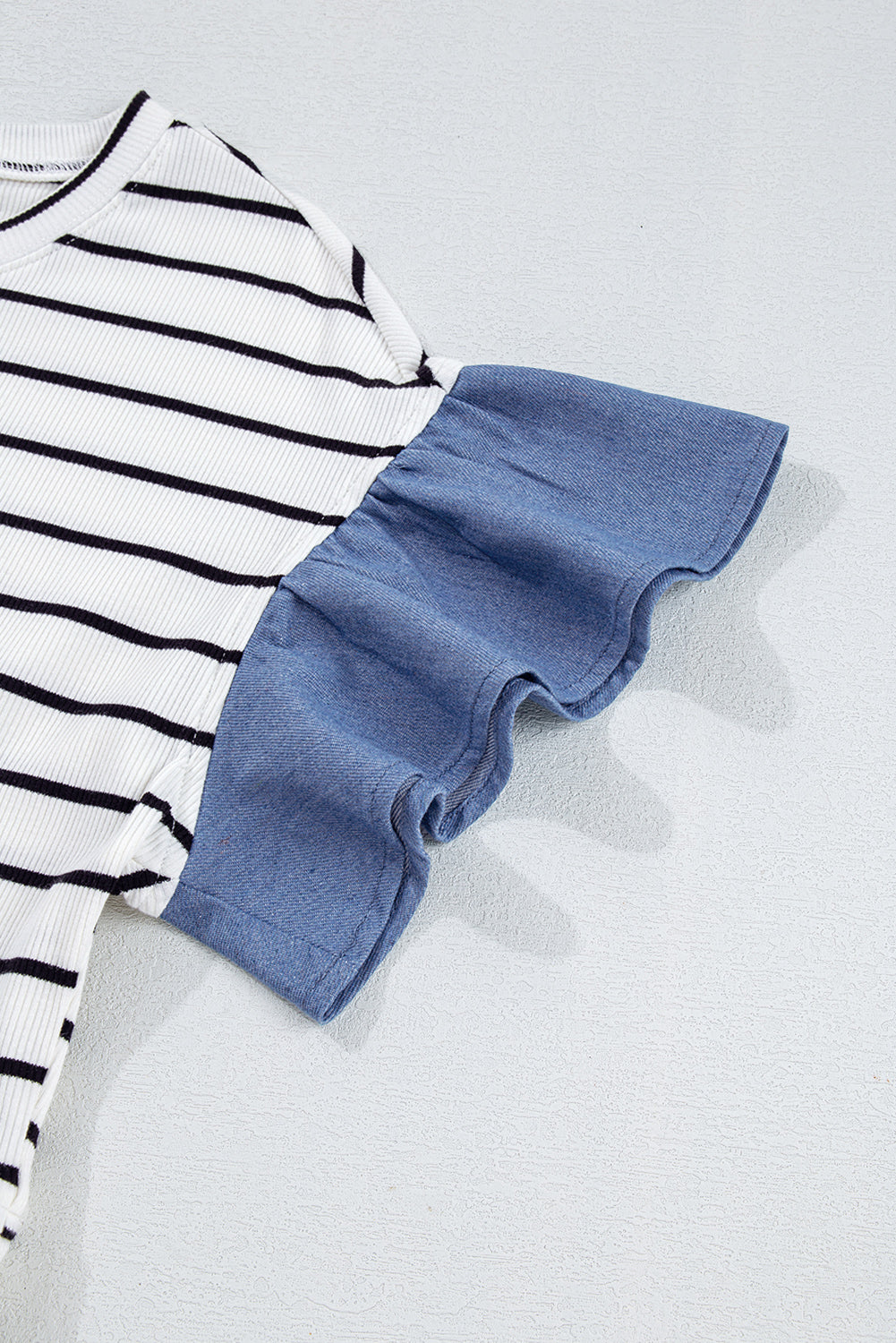Black Stripe Ruffle Denim Patchwork Round Neck Mini Dress eAura