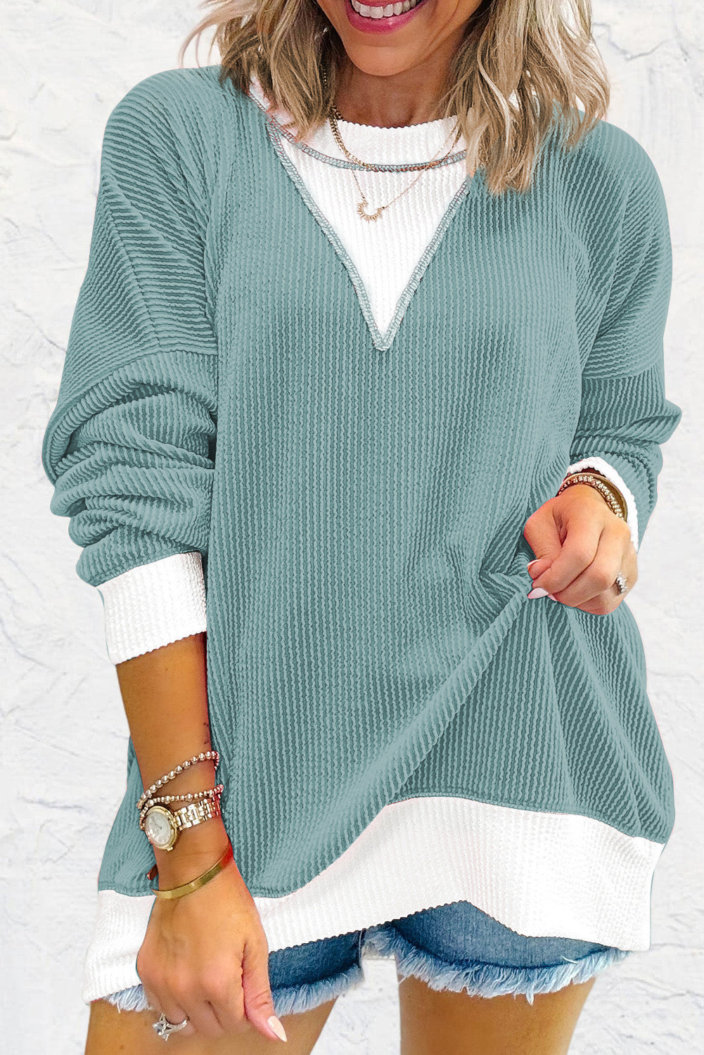 Light Blue Ribbed Colourblock Drop Shoulder Loose Top eAura