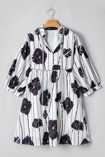 Black Plus Size Floral 3/4 Puff Sleeve Lace-up Neck Mini Dress BB Fashion Outlet
