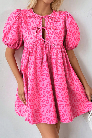 Rose Leopard Puff Sleeve Tie Front High Waist Mini Dress eAura