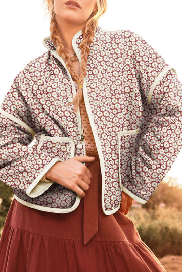 Pink Floral Print Contrast Edge Stand Neck Coat eAura
