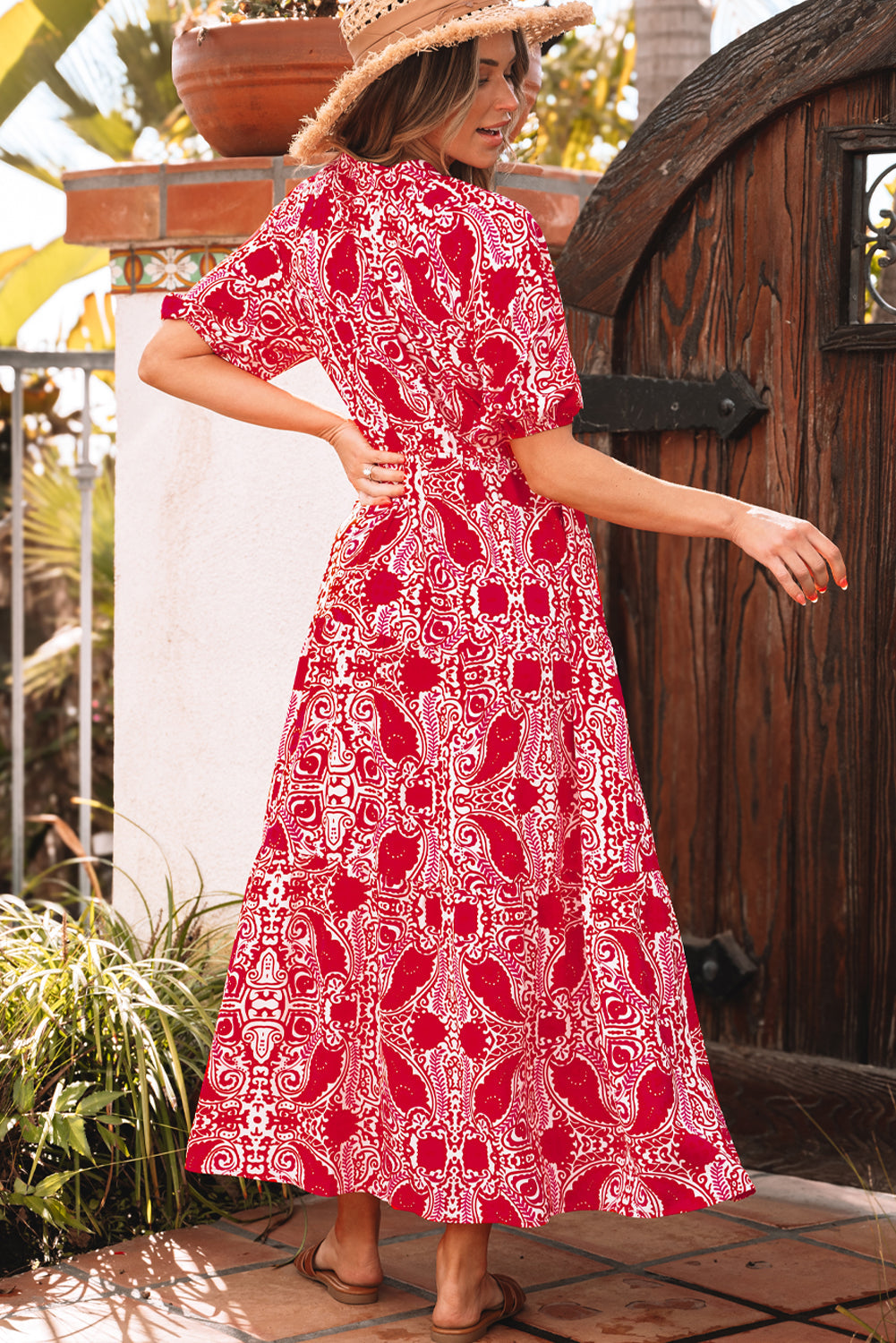 Red Paisley Print Side Slit Puff Sleeve High Waist Maxi Dress eAura