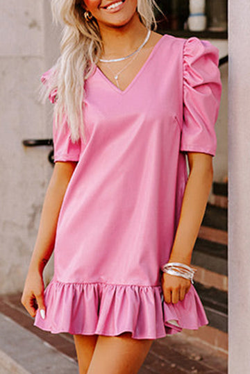Sachet Pink Pleather Bubble Short Sleeve V Neck Ruffled Hem Mini Dress eAura