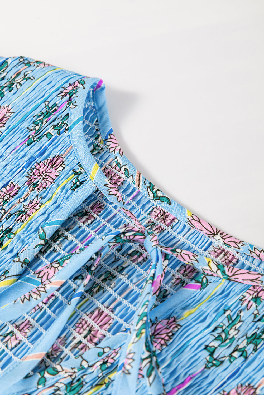 Sky Blue Floral Striped Print Tie Shirred Splie Neck Blouse eAura