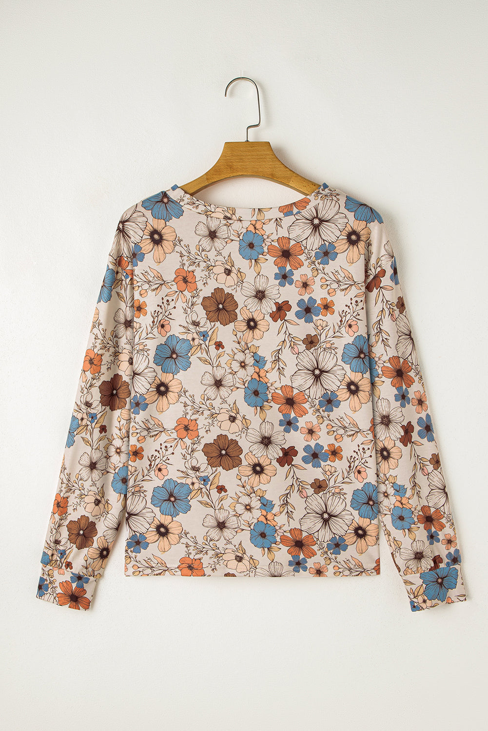 Khaki Floral Print Loose Crew Neck Long Sleeve T Shirt eAura