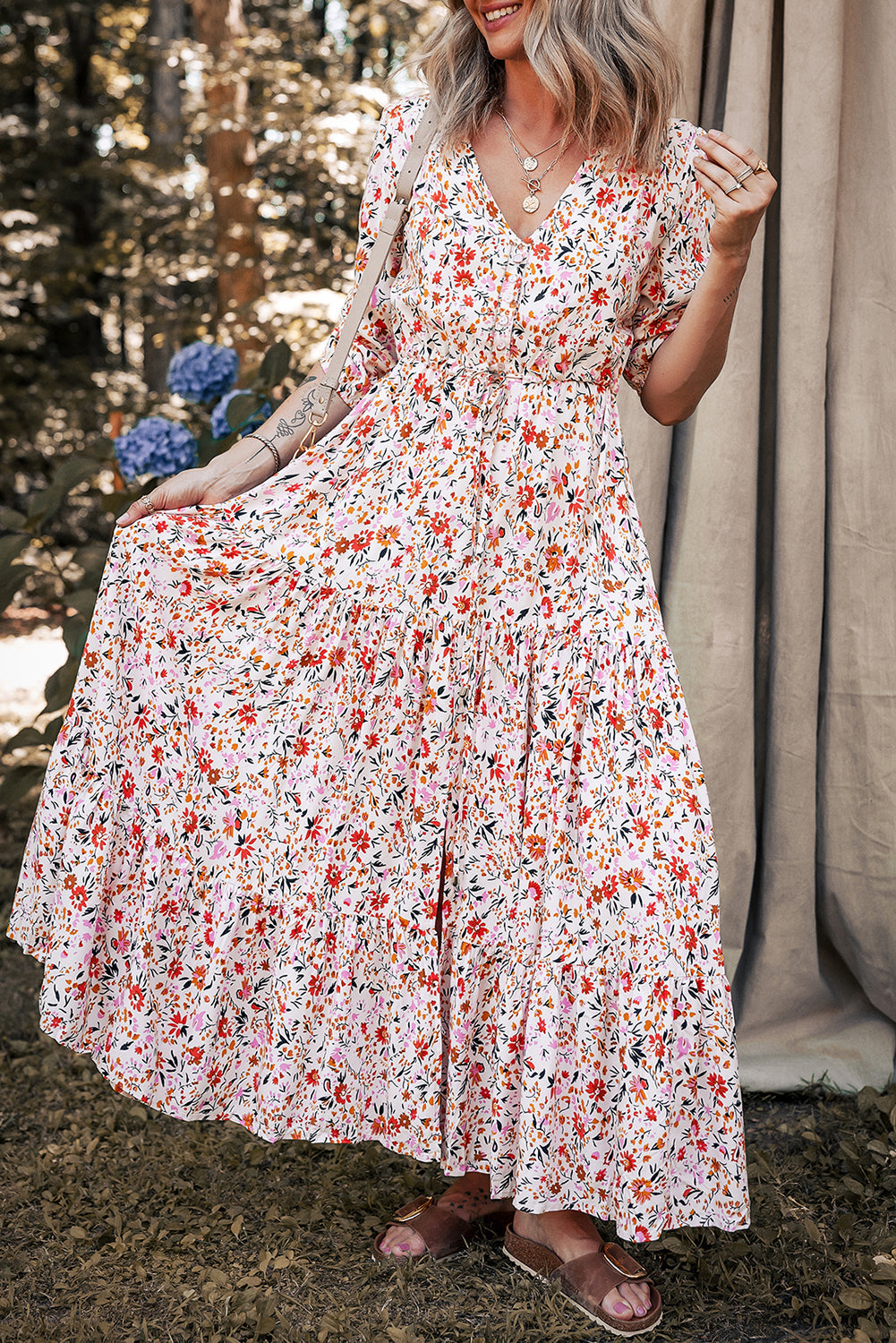 Boho Half Sleeve Floral V-Neck Maxi Dress eAura