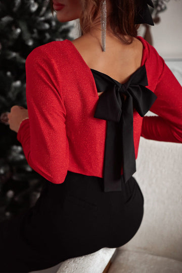 Racing Red Metallic Bowknot Open Back V Neck Top eAura