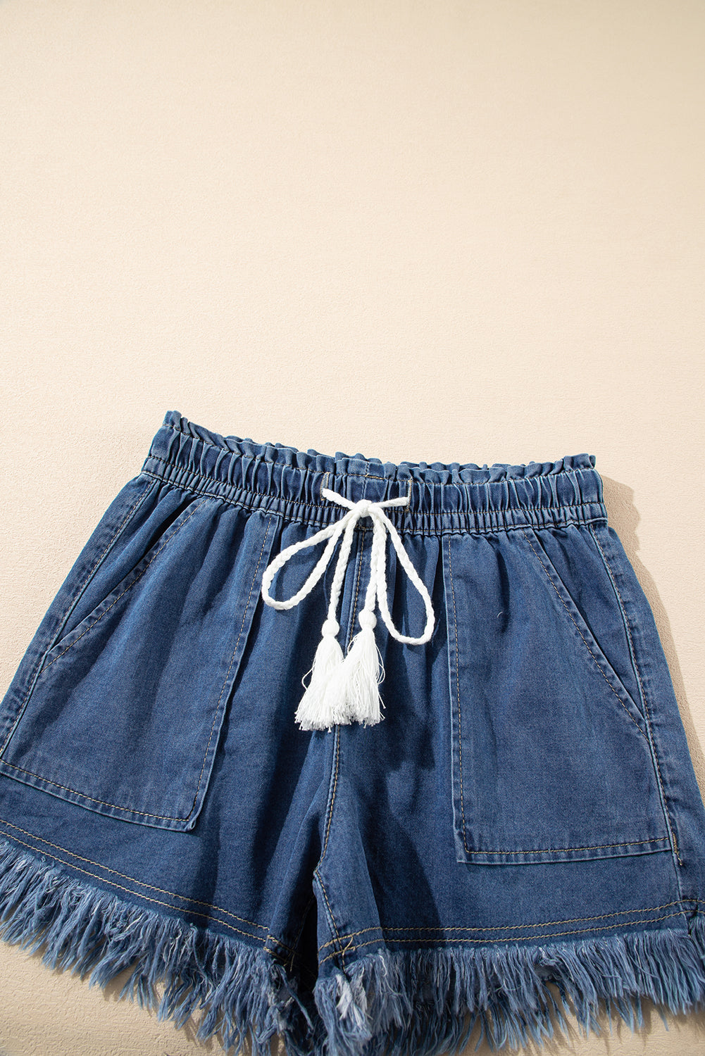 Ashleigh Blue Raw Hem Drawstring High Waist Denim Shorts with Pockets eAura