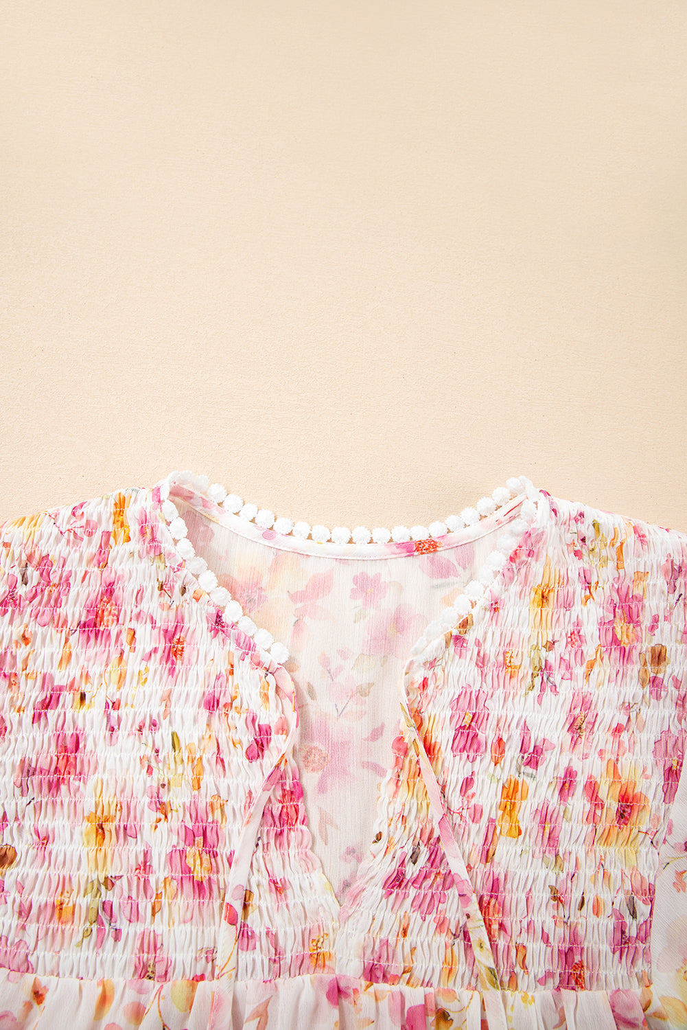 Pink Floral Print Tassel Tie Smocked V Neck Puff Sleeve Tunic Blouse eAura