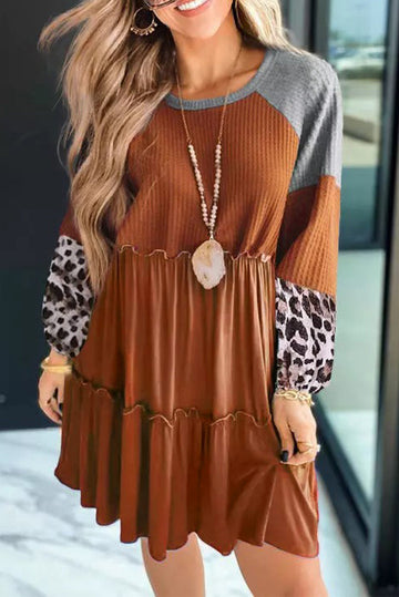 Brown Waffle Knit Leopard Patchwork Long Sleeve Dress eAura