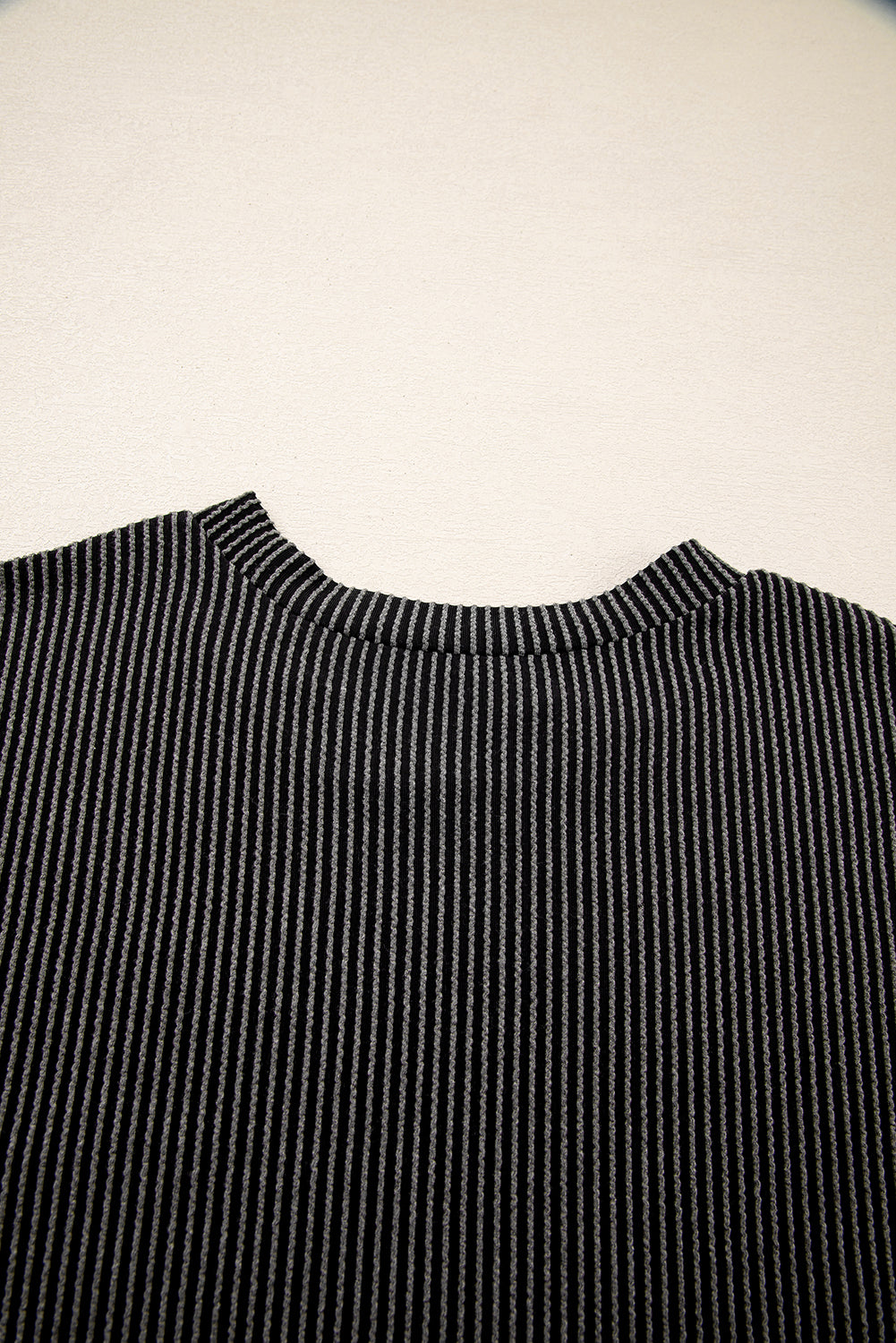 Carbon Grey Ribbed Knit Colour Block Pocketed Crew Neck T Shirt eAura