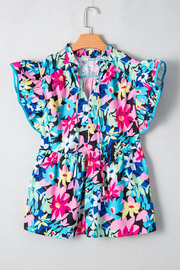 Blue Floral Flutter Sleeve Tied Notched Neck Plus Size Blouse BB Fashion Outlet