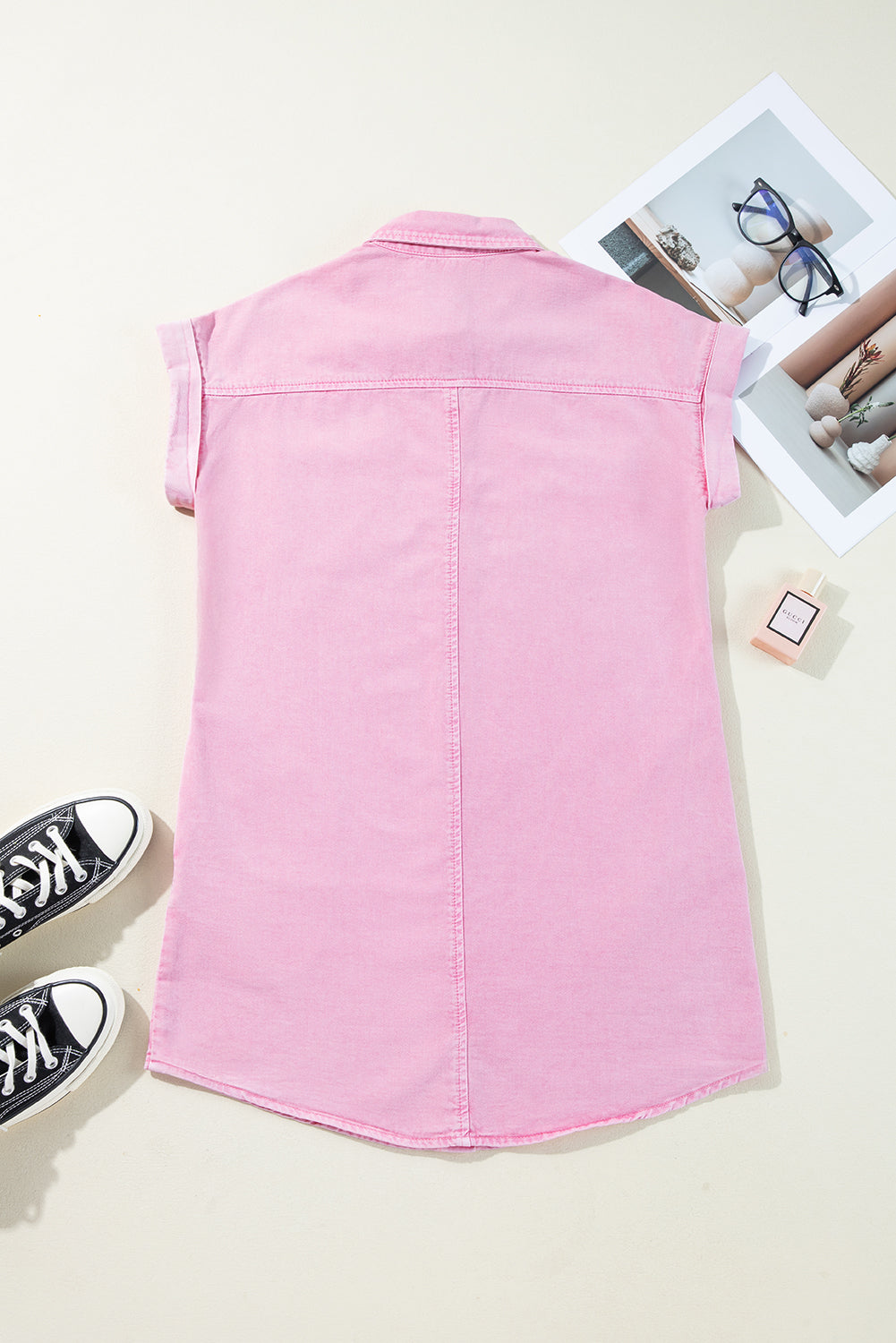 Short Sleeve Double Chest Pocket Denim Shirt Dress eAura