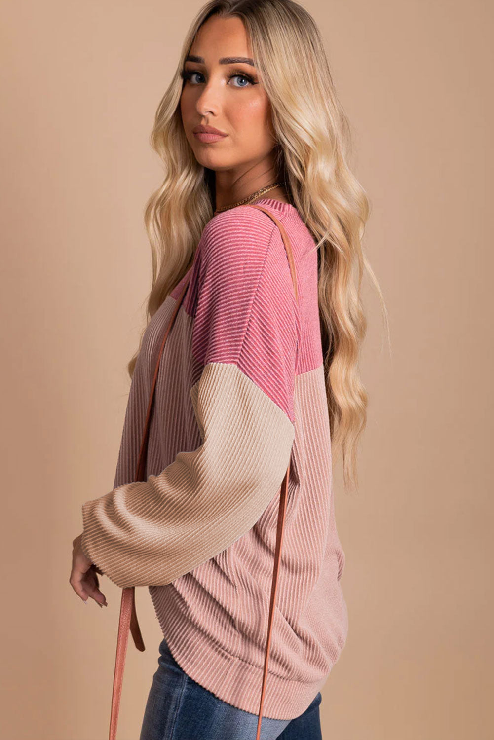 Pink Colour Block Long Sleeve Ribbed Loose Top eAura