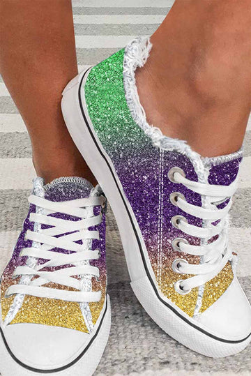 MultiColour Shiny Gradient Raw Hem Lace-up Flat Canvas Shoes BB Fashion Outlet