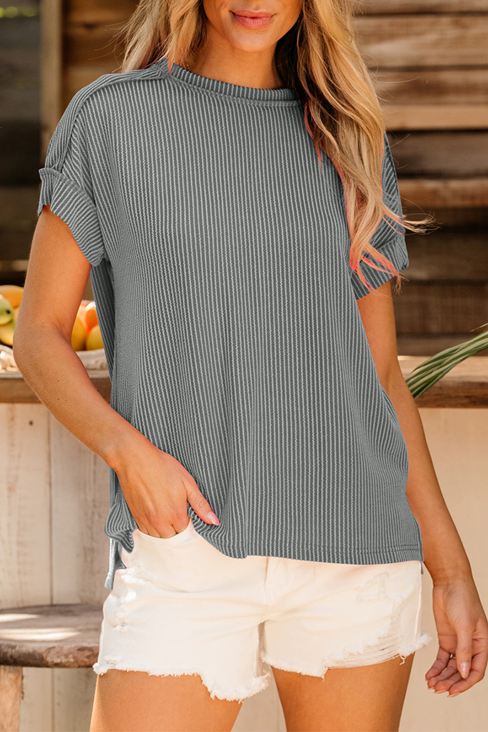 Textured Knit Exposed Stitching T-shirt eAura