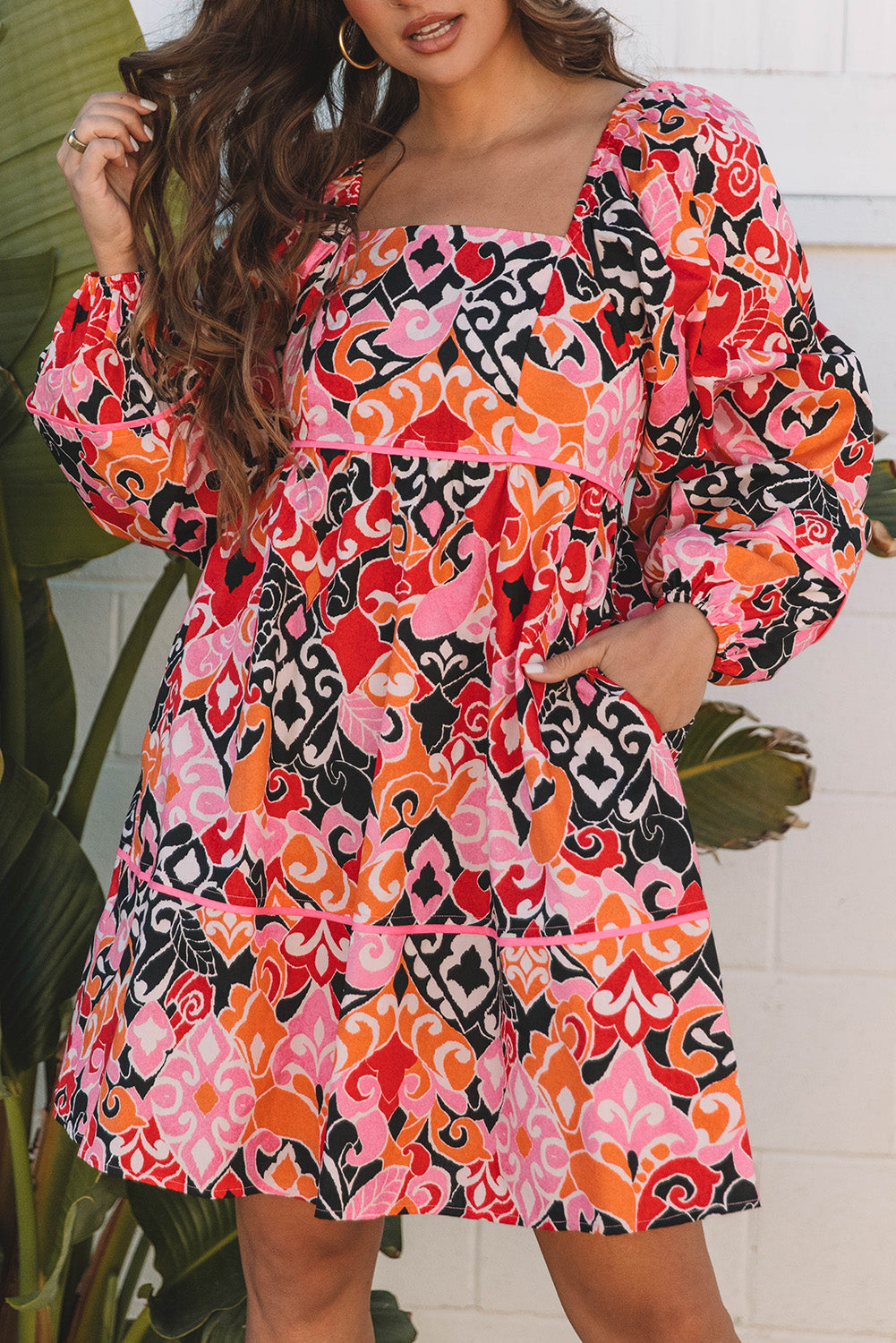 Pink Bohemian Square Neck Puff Sleeve Mini Dress eAura