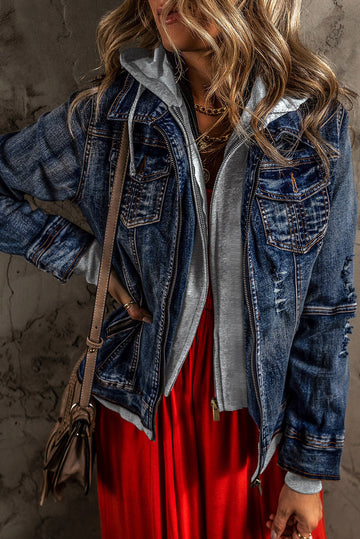 Dark Blue Fake Two-Piece Hooded Zip-Up Denim Jacket Beagle Boutique Fashion Outlet