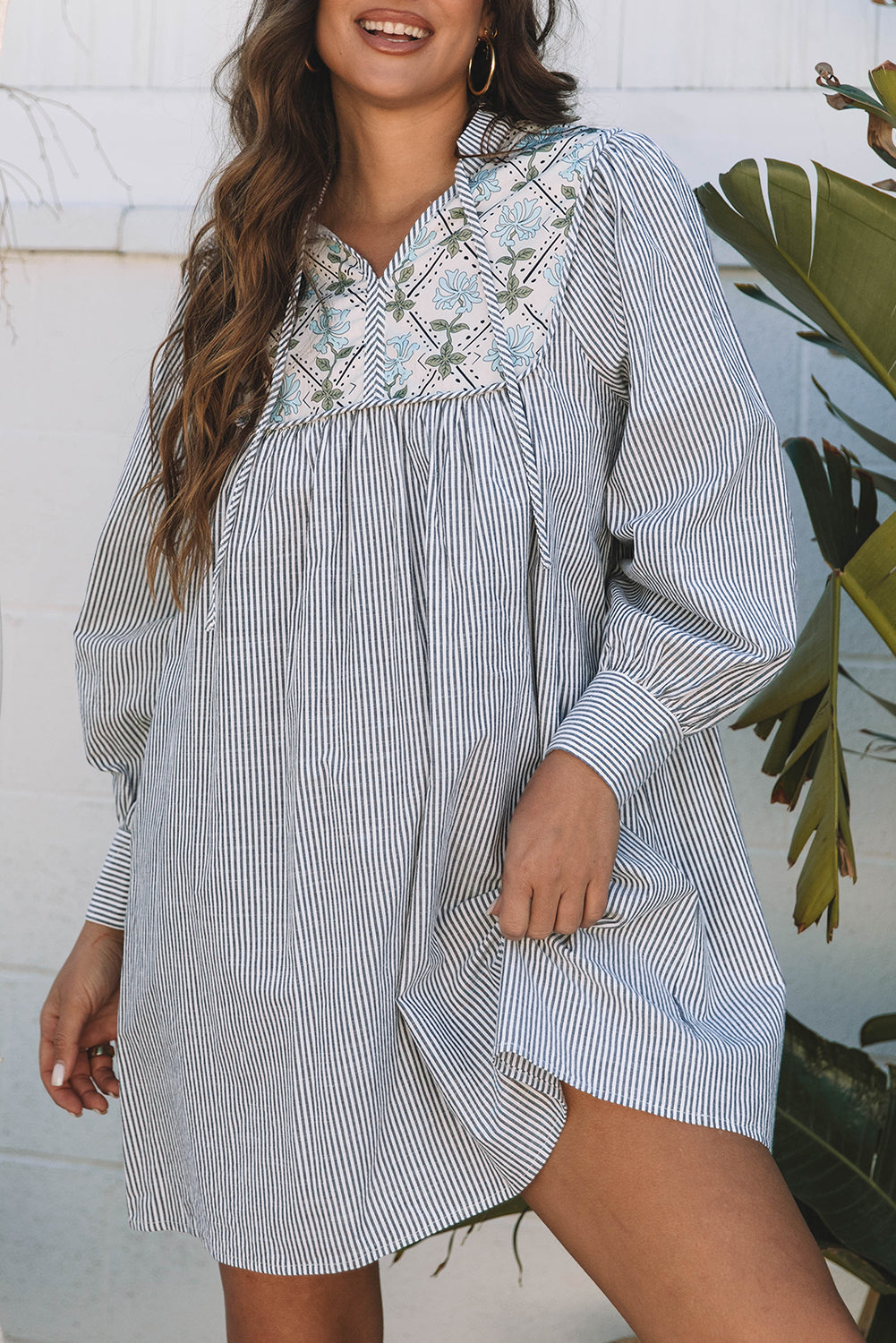 Black Stripe Floral Patchwork Tied V Neck Shift Long Sleeve Mini Dress eAura