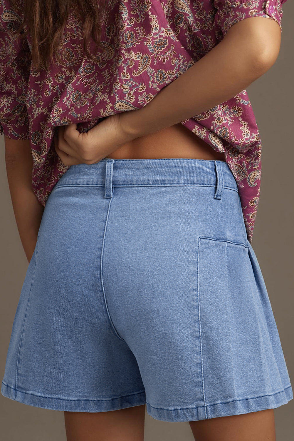 Dusk Blue Pleated Patchwork Wide Leg Lightweight Denim Shorts eAura