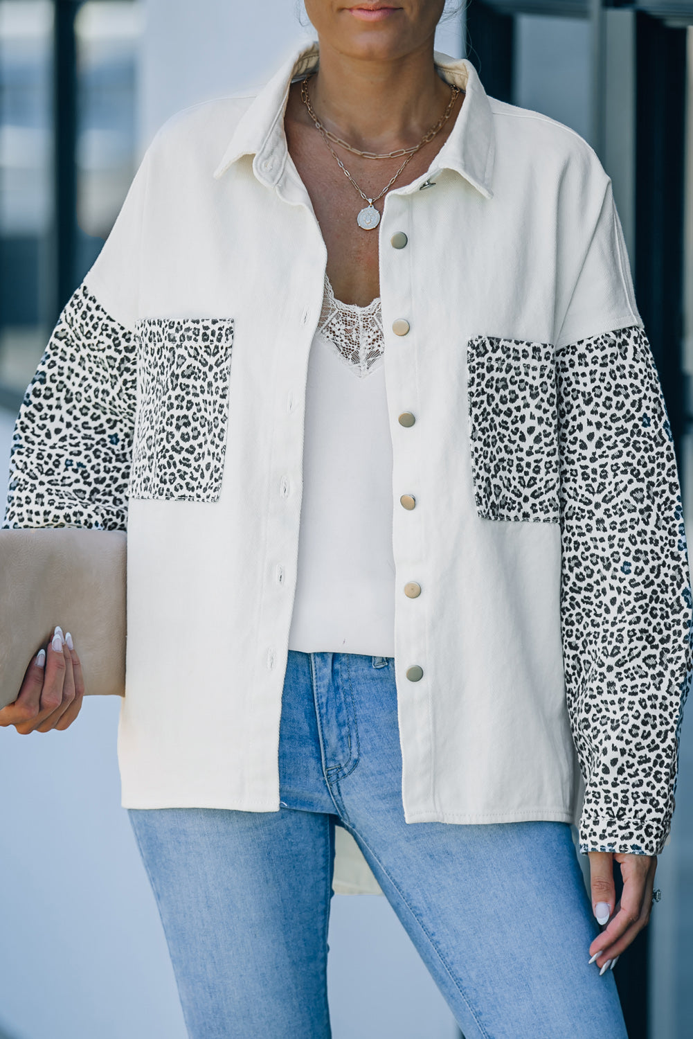 White Contrast Leopard Denim Jacket eAura