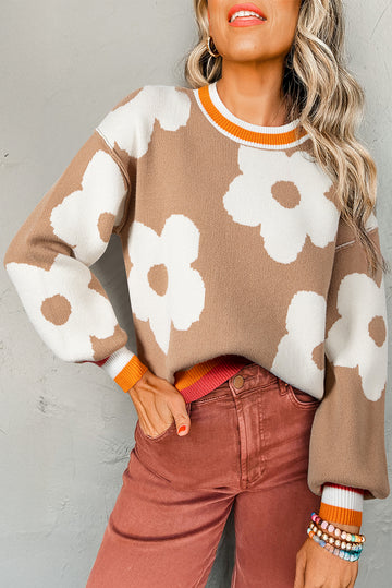 Big Flower Pattern Contrast Striped Baggy Sweater - eAura