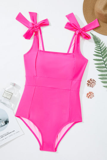 Rose Red Square Neck Knotted Shoulder Open Back One Piece Swimsuit eAura