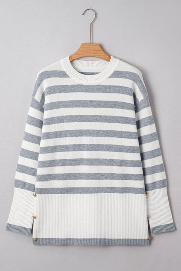 Grey Stripe Ribbed Buttoned Detail Drop Shoulder Tunic Sweater eAura