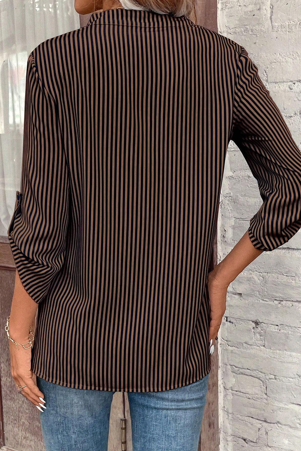 Brown Stripe V Neck Roll Up Sleeve Pocket Patched Classic Shirt eAura