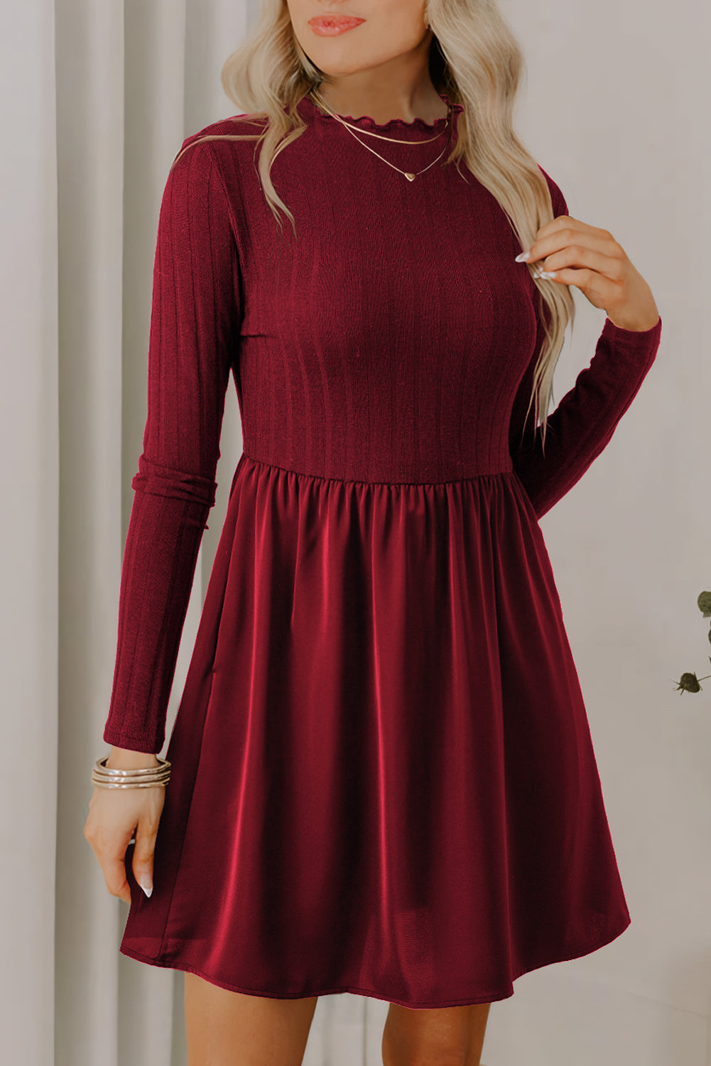 Frilled Neck Ribbed Knit Patchwork Long Sleeve Mini Dress - eAura