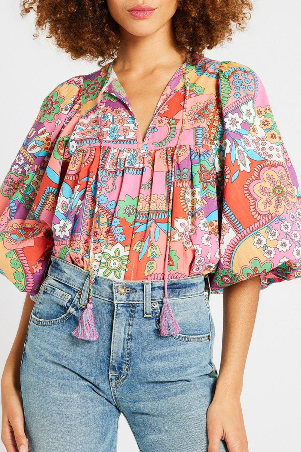 Multicolour Boho Floral Bubble Sleeve Tassel Tied Neck Pleated Blouse eAura