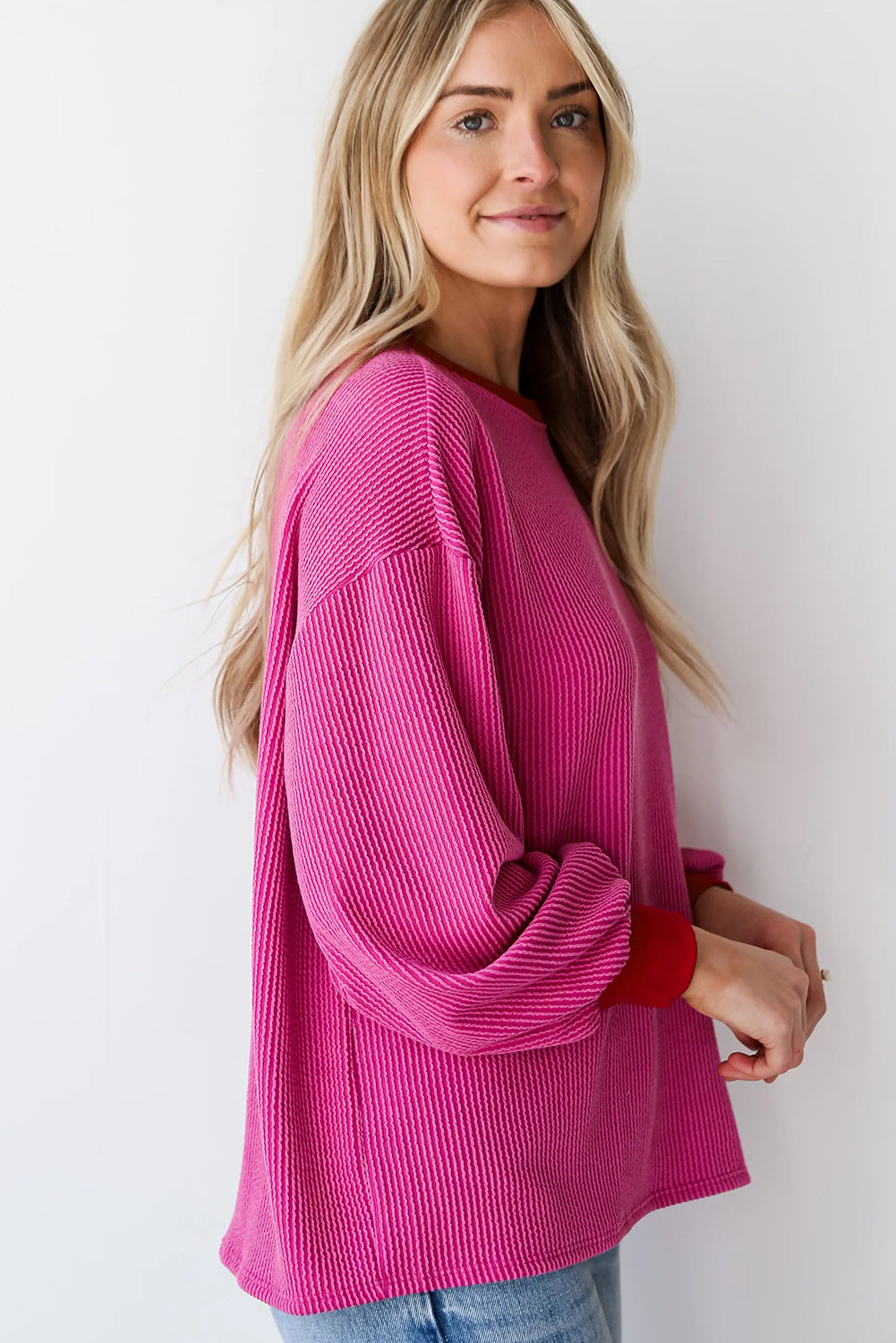 Bright Pink Ribbed Contrast Edge Drop Shoulder Long Sleeve Top eAura
